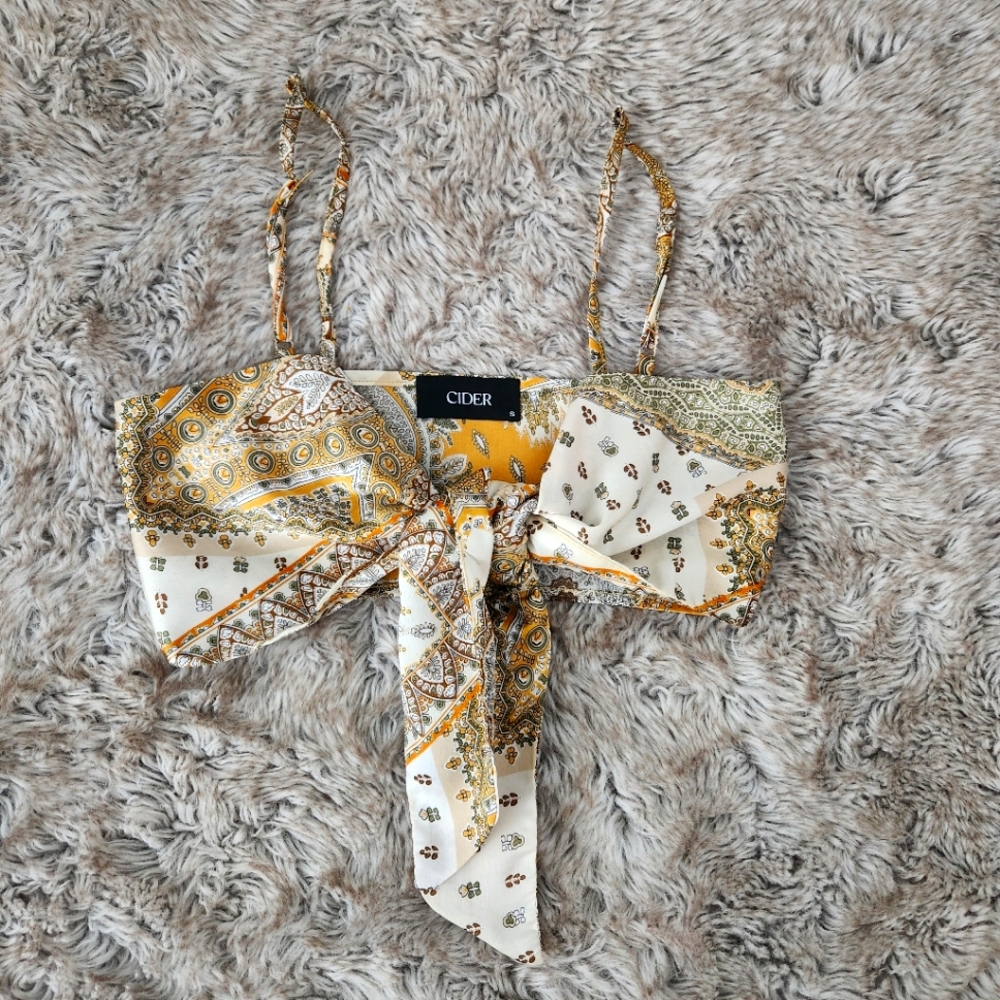 Cider Boho Paisley Tie Front Crop Tank Top Mustard Yellow Size Small‎